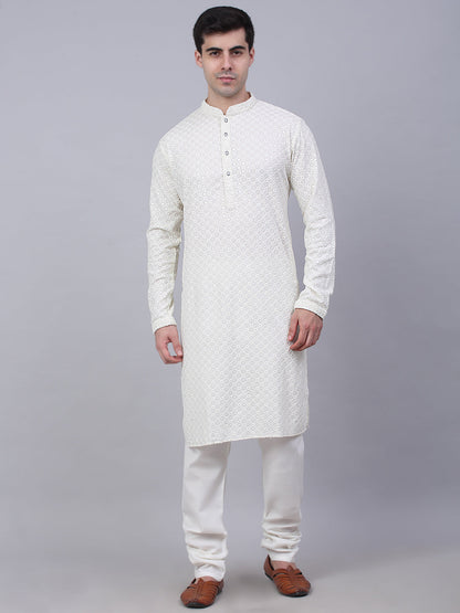 Men White Chikankari Embroidered And Sequence Kurta With Churidar