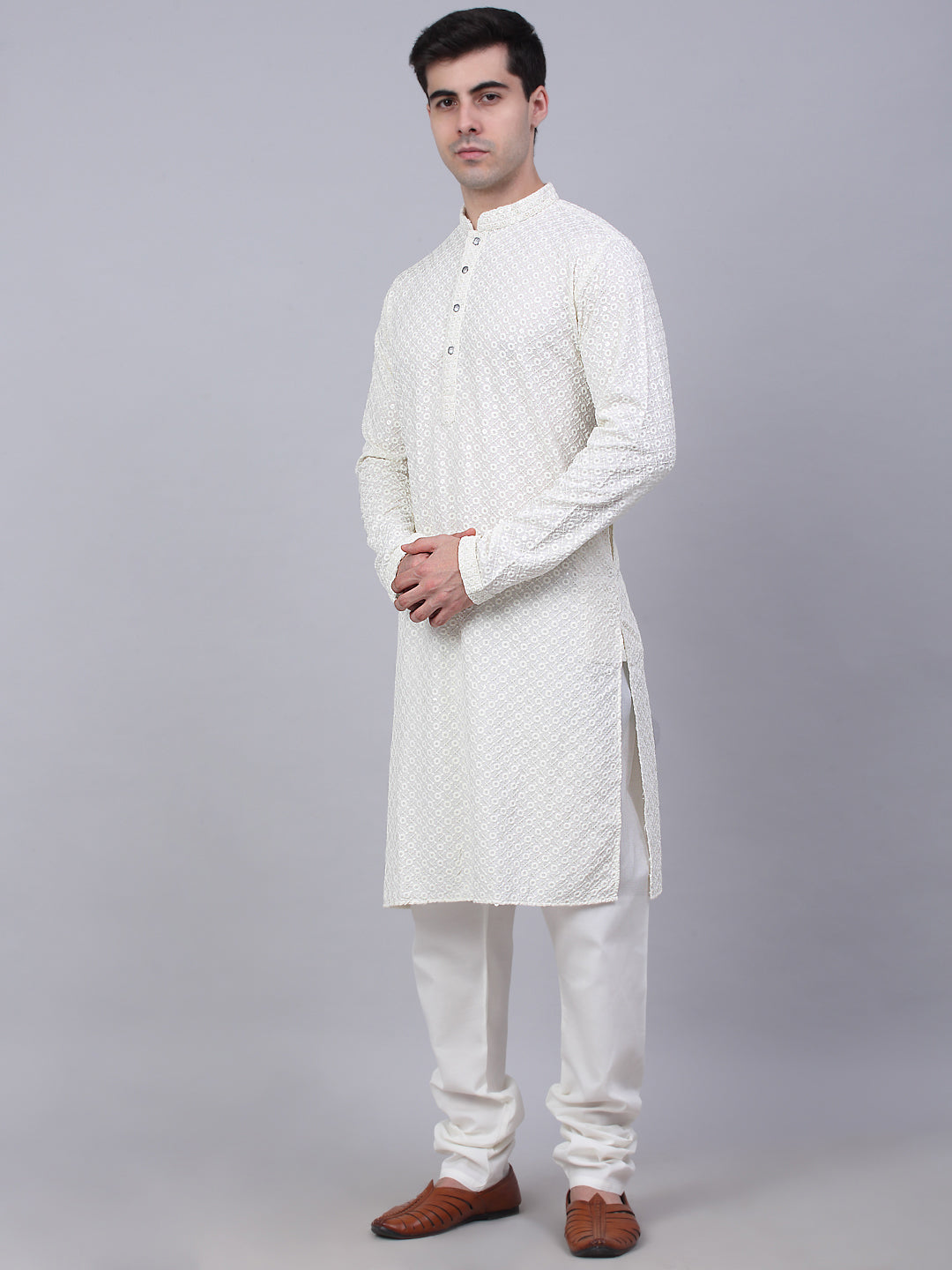Men White Chikankari Embroidered And Sequence Kurta With Churidar