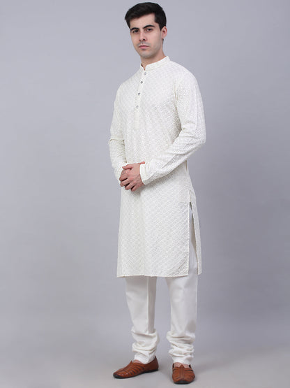 Men White Chikankari Embroidered And Sequence Kurta With Churidar