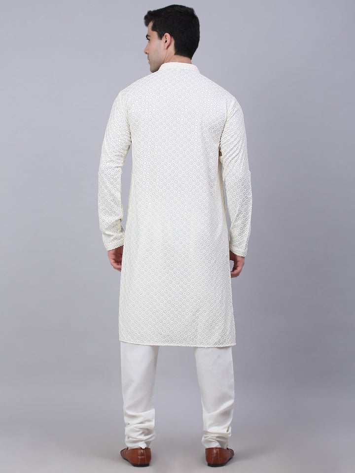 Men White Chikankari Embroidered And Sequence Kurta With Churidar