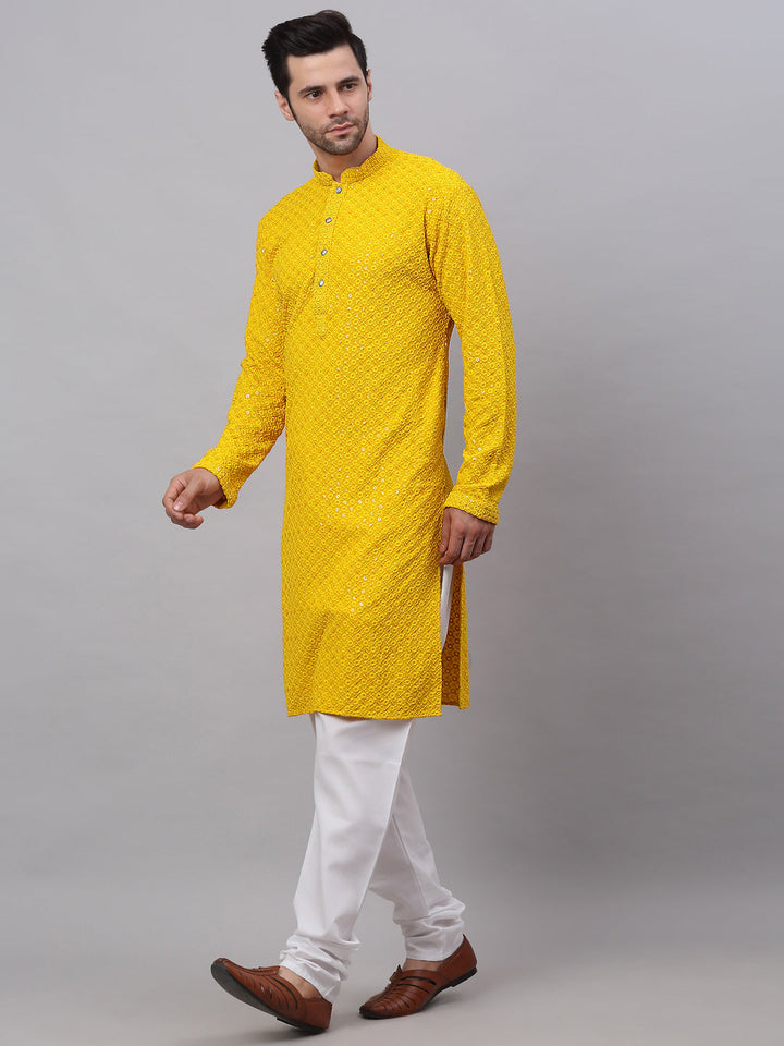Men Yellow Chikankari Embroidered And Sequence Kurta With Churidar