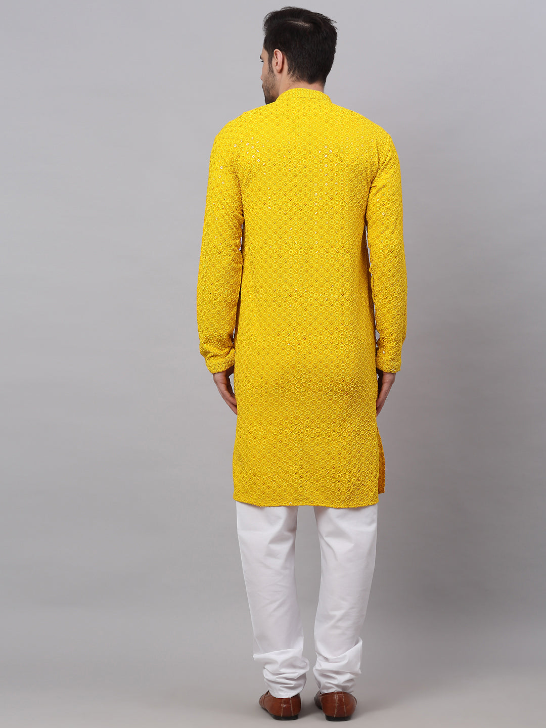 Men Yellow Chikankari Embroidered And Sequence Kurta With Churidar