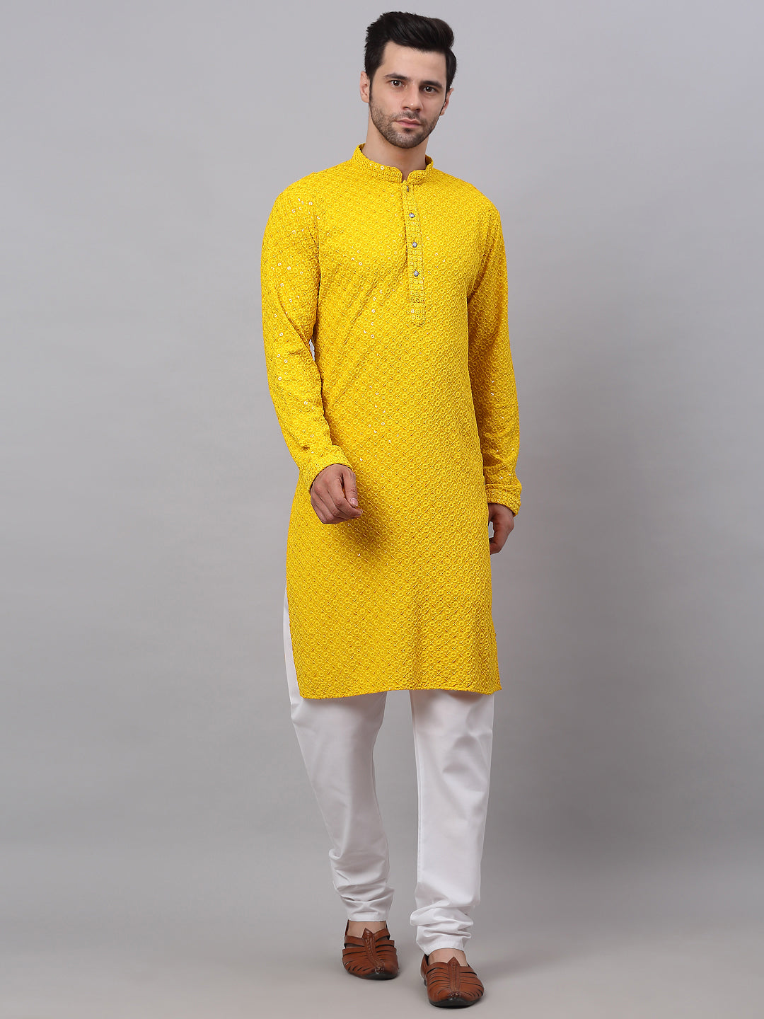 Men Yellow Chikankari Embroidered And Sequence Kurta With Churidar