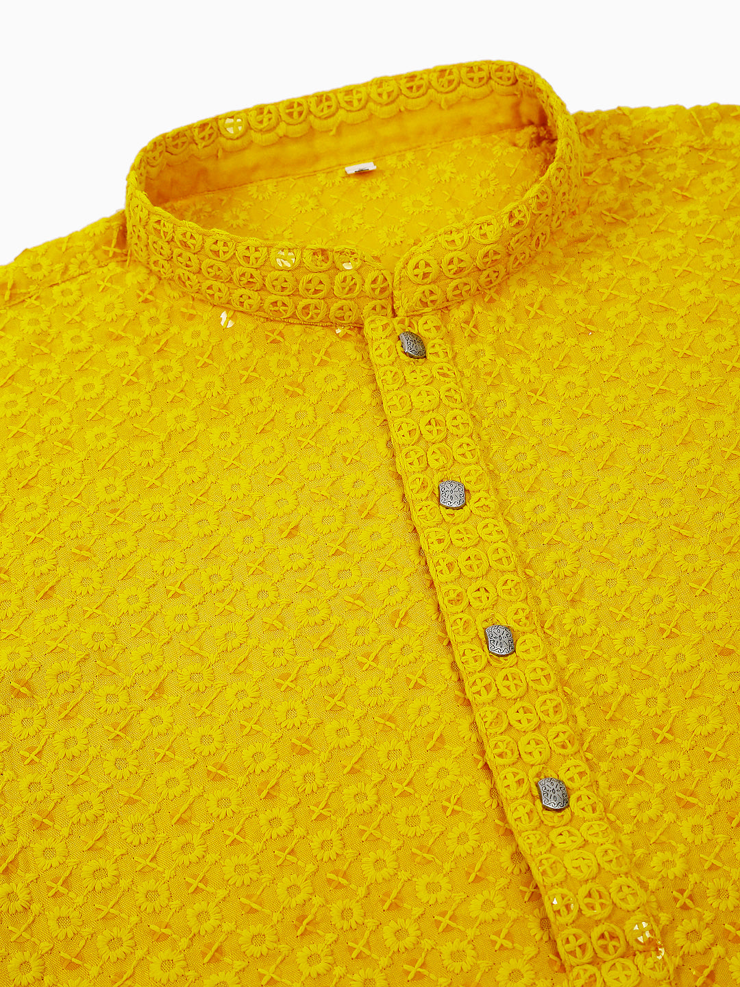Men Yellow Chikankari Embroidered And Sequence Kurta With Churidar