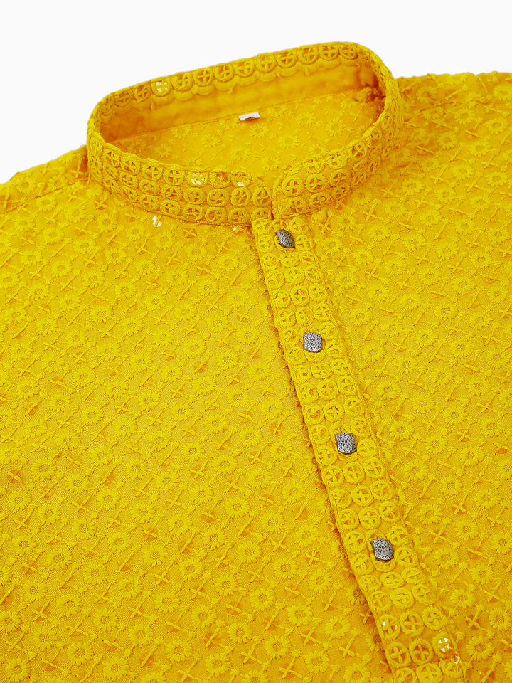 Men Yellow Chikankari Embroidered And Sequence Kurta With Churidar
