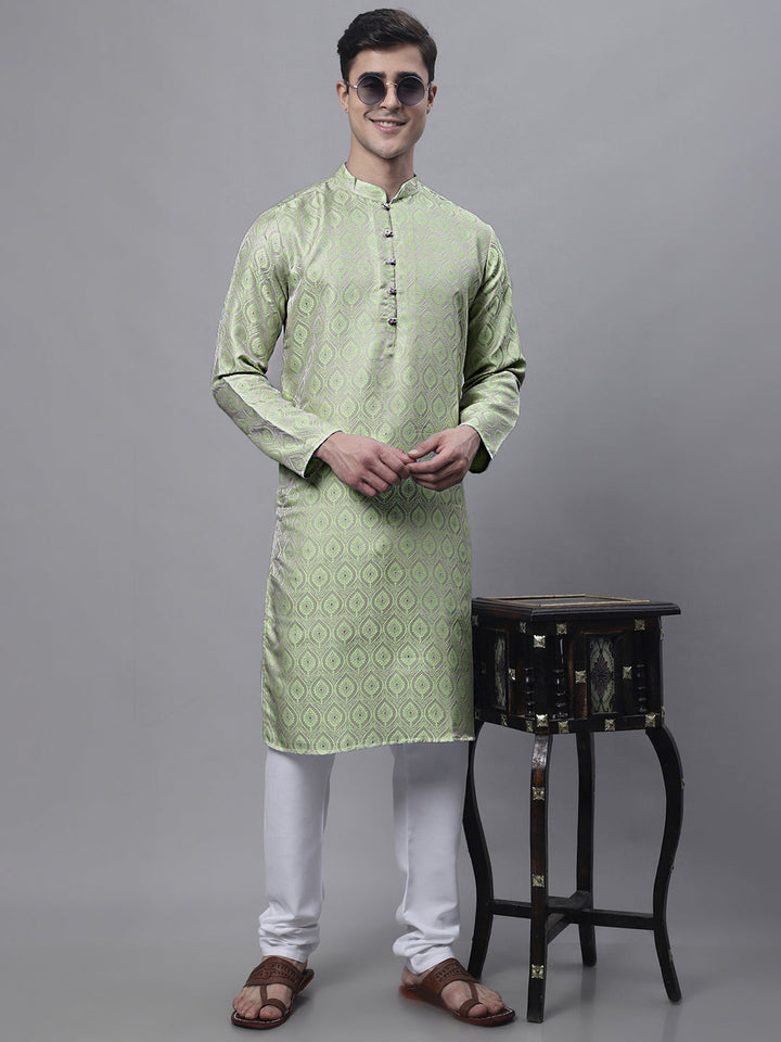 Men Ethnic Pista Green Woven Design Kurta With Pyjamas