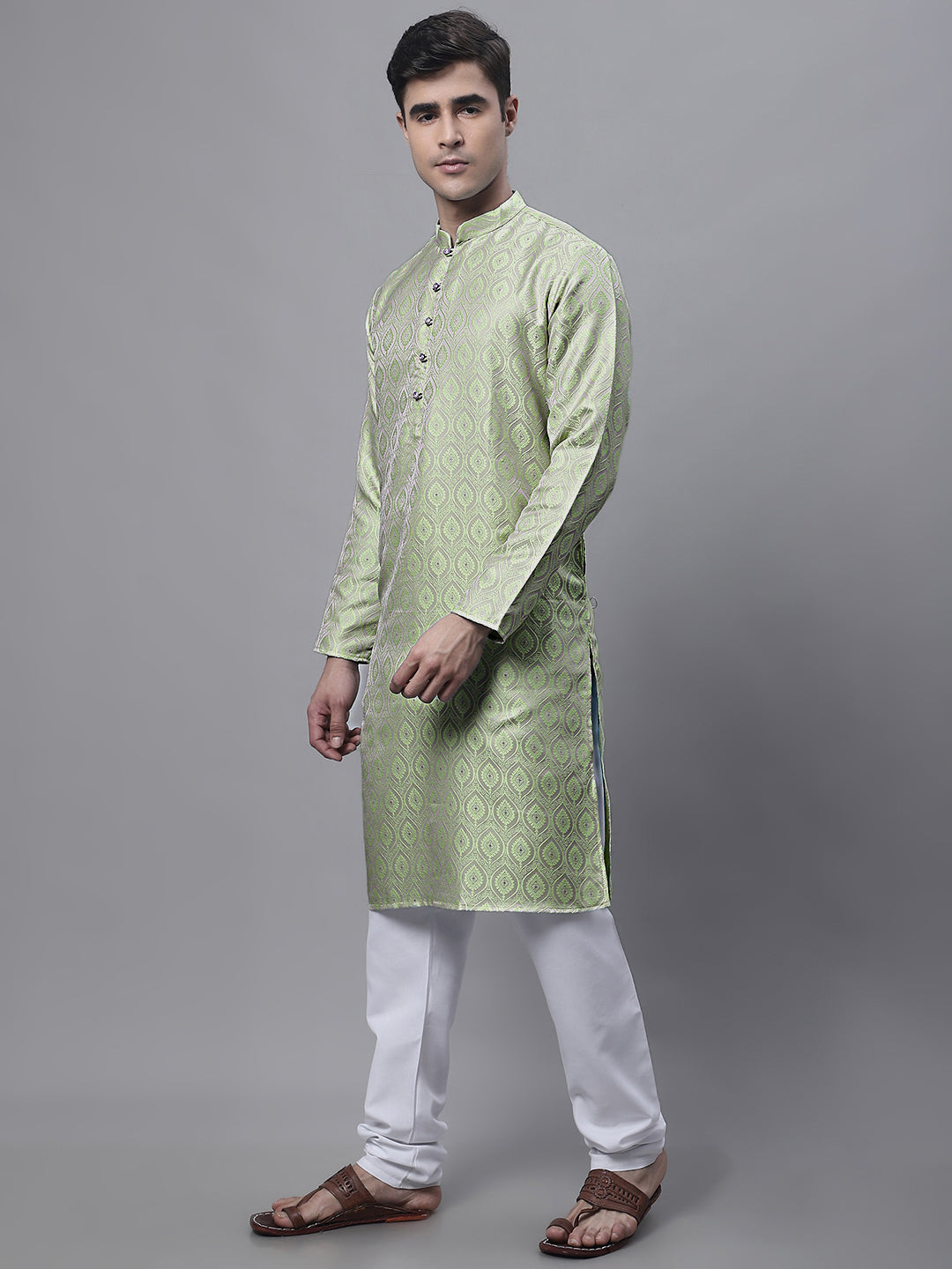 Men Ethnic Pista Green Woven Design Kurta With Pyjamas