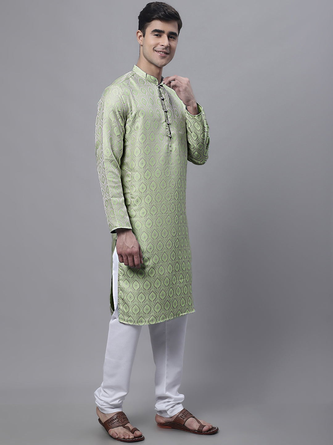 Men Ethnic Pista Green Woven Design Kurta With Pyjamas