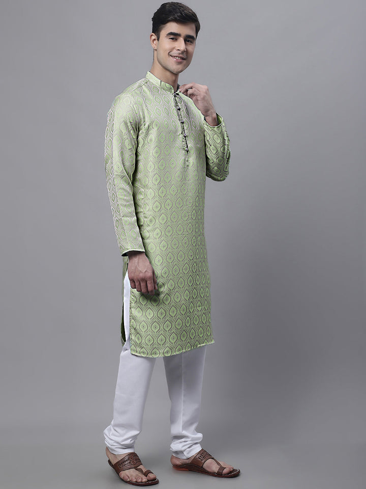 Men Ethnic Pista Green Woven Design Kurta With Pyjamas