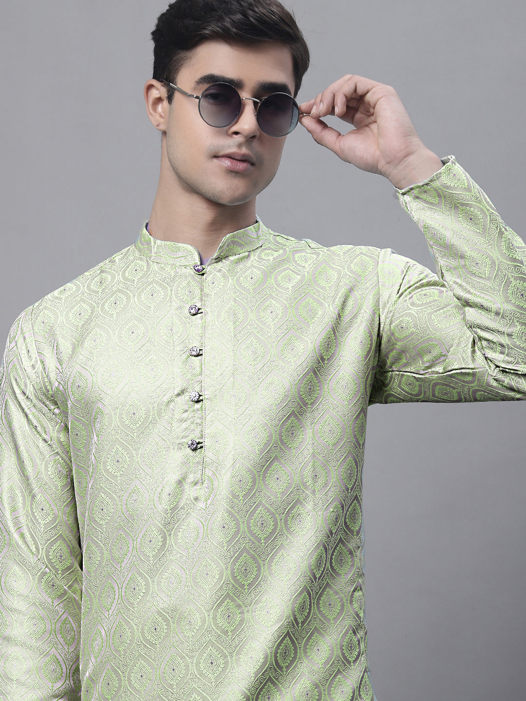 Men Ethnic Pista Green Woven Design Kurta With Pyjamas