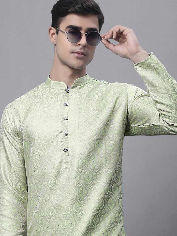 Men Ethnic Pista Green Woven Design Kurta With Pyjamas