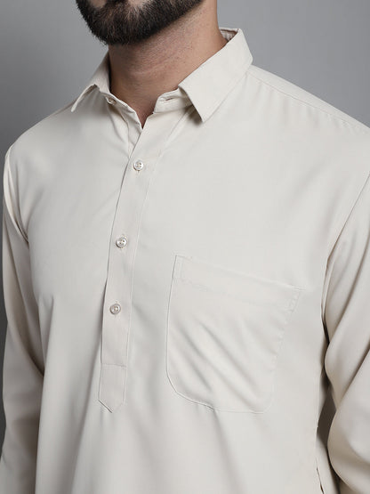 Men'S Cream Cotton Solid Pathani Kurta With Salwar