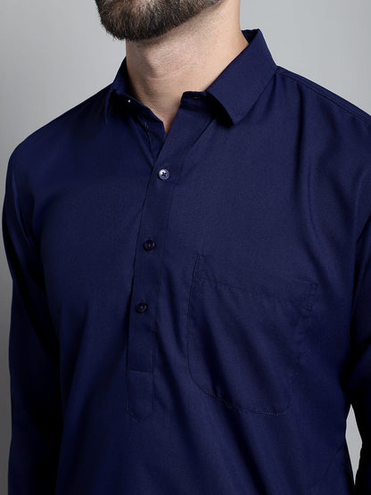 Men'S Navy Blue Cotton Solid Pathani Kurta With Salwar