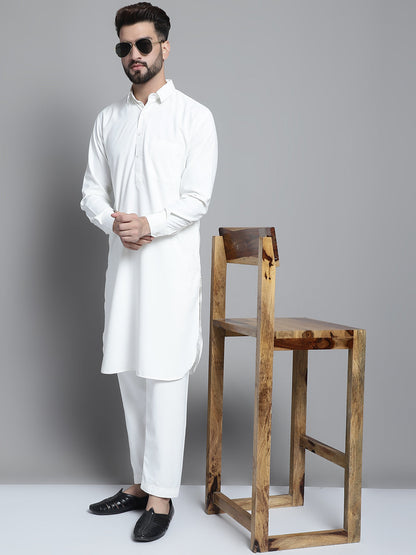 Men'S White Cotton Solid Pathani Kurta With Salwar