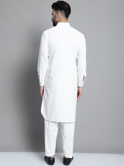Men'S White Cotton Solid Pathani Kurta With Salwar