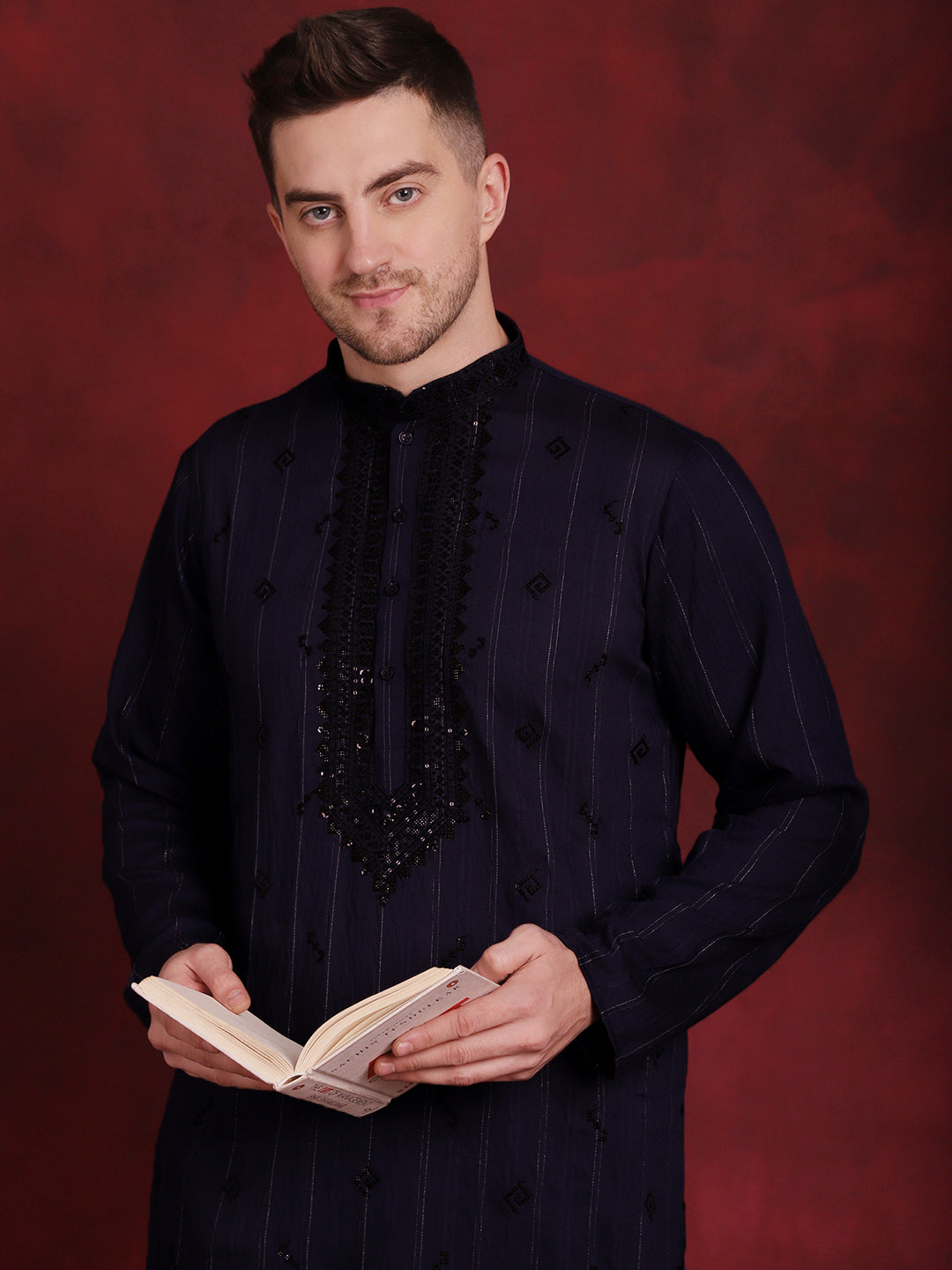 Sequins Embroidered Kurta Pyjama Set For Men