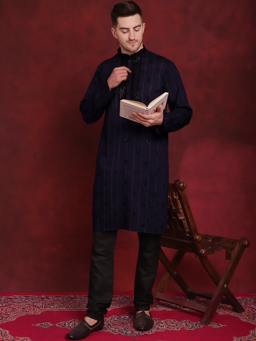 Sequins Embroidered Kurta Pyjama Set For Men