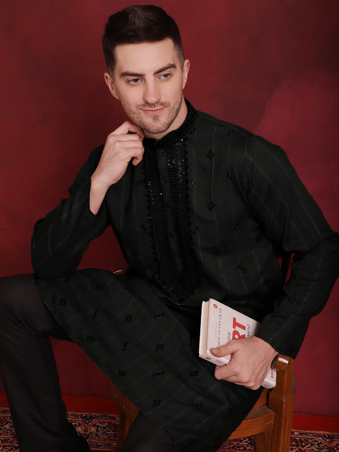 Sequins Embroidered Kurta Pyjama Set For Men