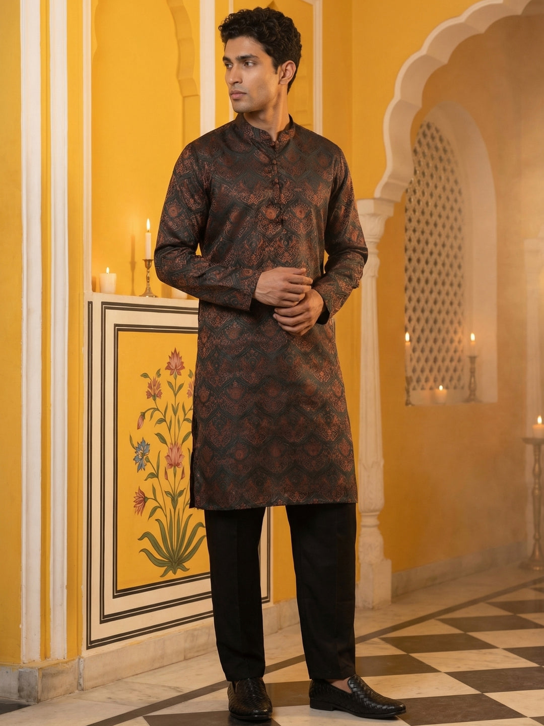 Jacquard Silk Kurta Pyjama Set For Men