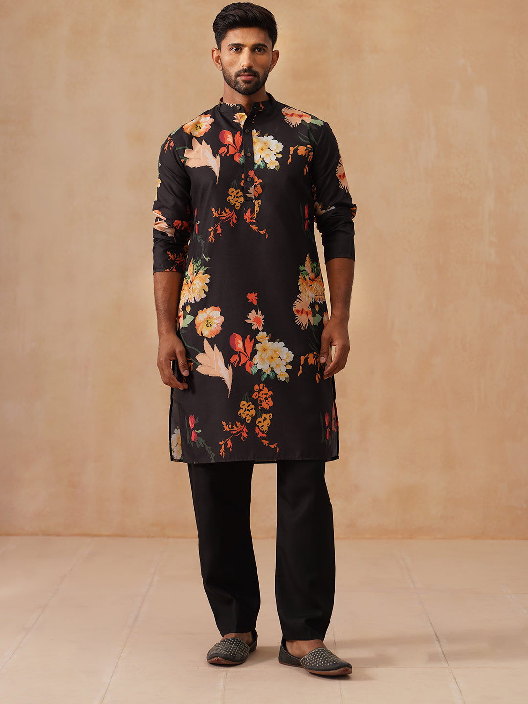 Men'S Floral Printed Pure Cotton Straight Kurta Pyjama Set.
