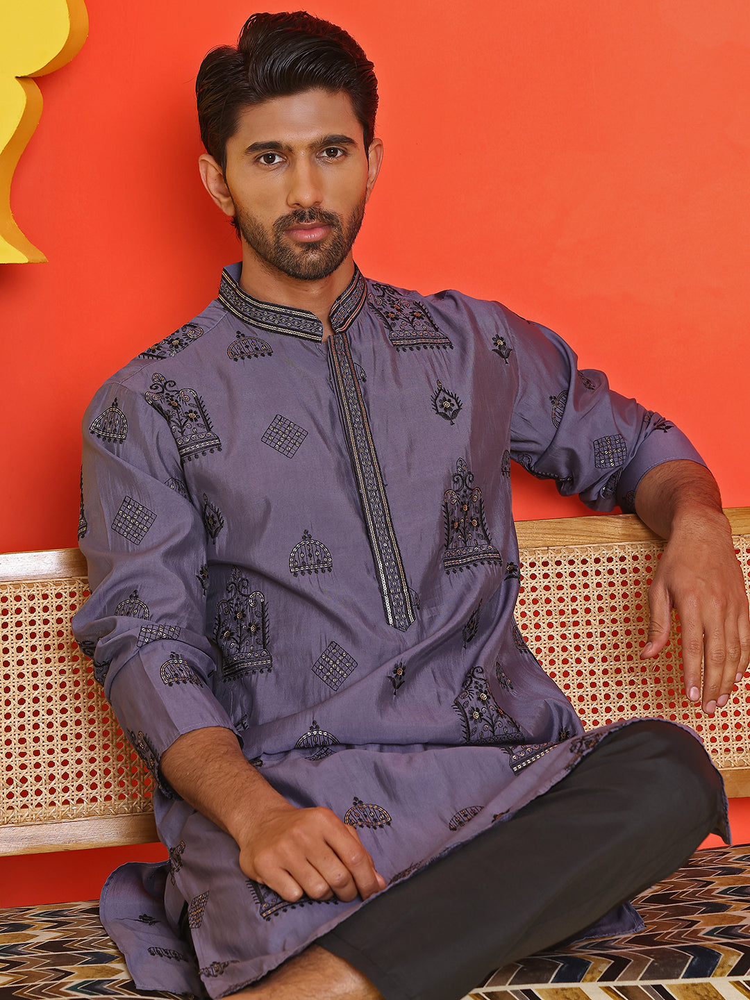 Embroidered Silk Blend Kurta Pyjama Set