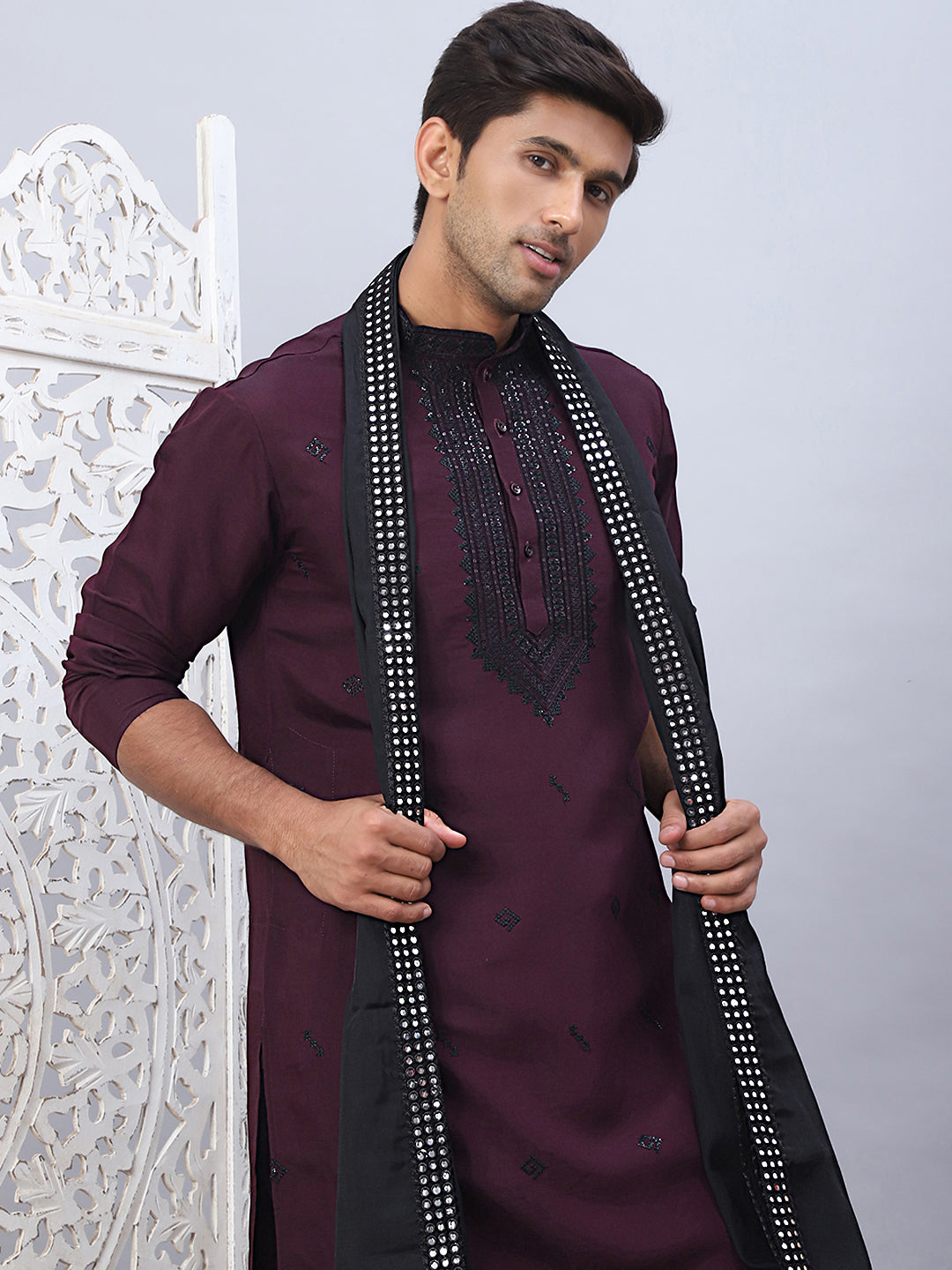 Sequins Embroidered Kurta Pyjama And Dupatta Set For Men
