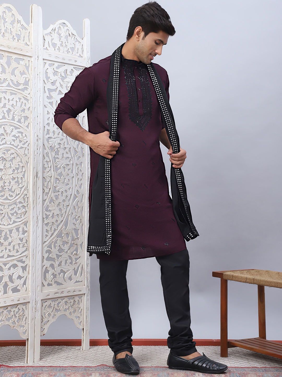Sequins Embroidered Kurta Pyjama And Dupatta Set For Men