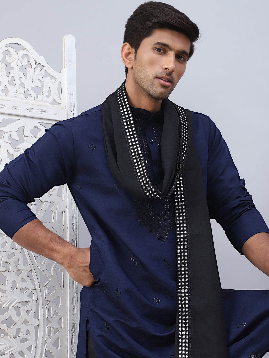 Sequins Embroidered Kurta Pyjama And Dupatta Set For Men