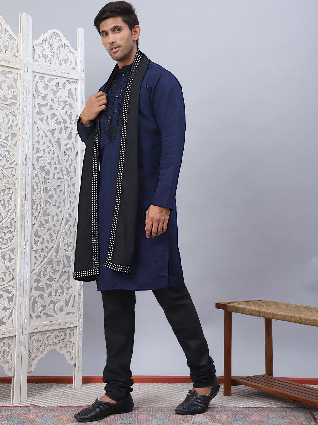 Sequins Embroidered Kurta Pyjama And Dupatta Set For Men