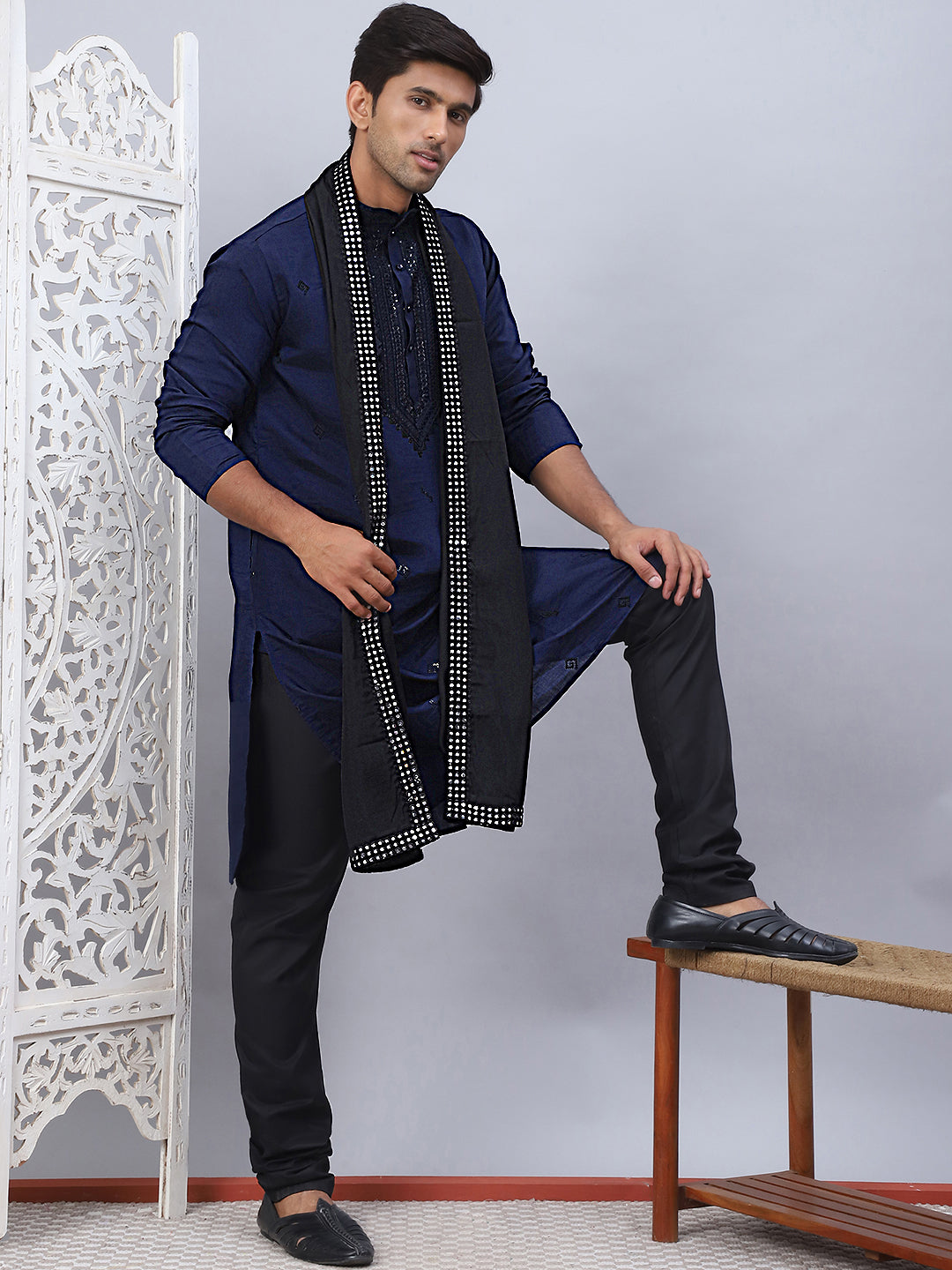 Sequins Embroidered Kurta Pyjama And Dupatta Set For Men
