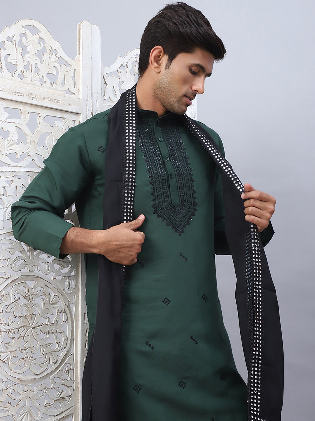 Sequins Embroidered Kurta Pyjama And Dupatta Set For Men