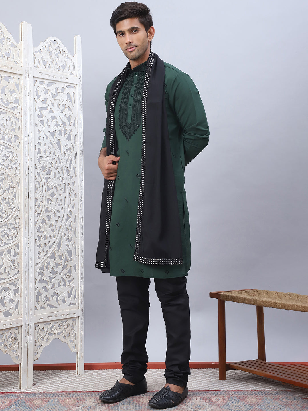 Sequins Embroidered Kurta Pyjama And Dupatta Set For Men
