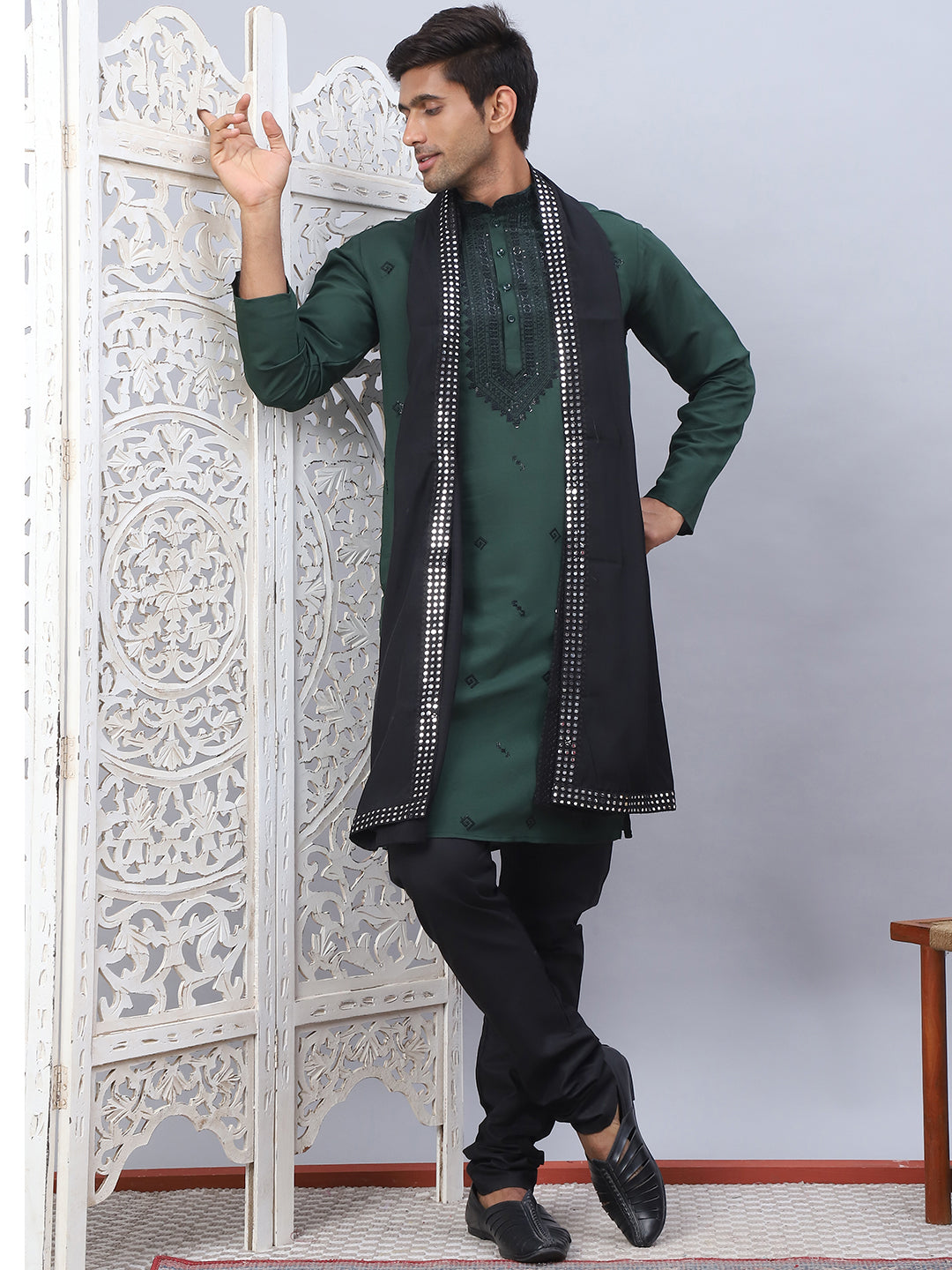 Sequins Embroidered Kurta Pyjama And Dupatta Set For Men