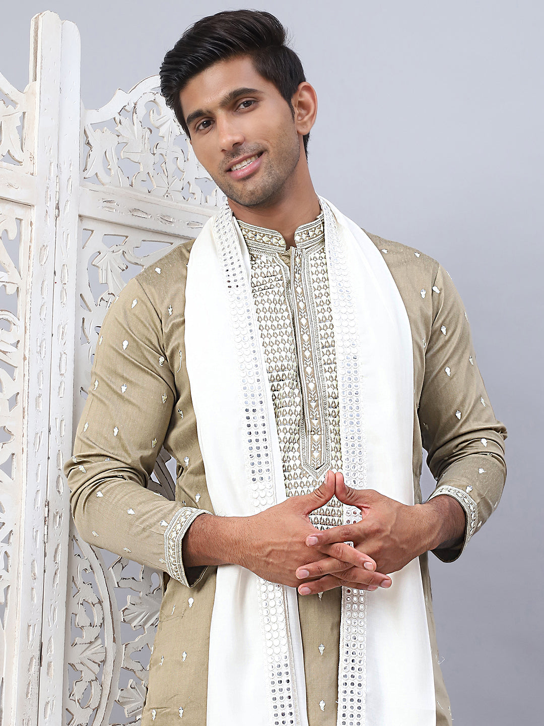 Sequins Embroidered Kurta Pyjama With Dupatta Set.