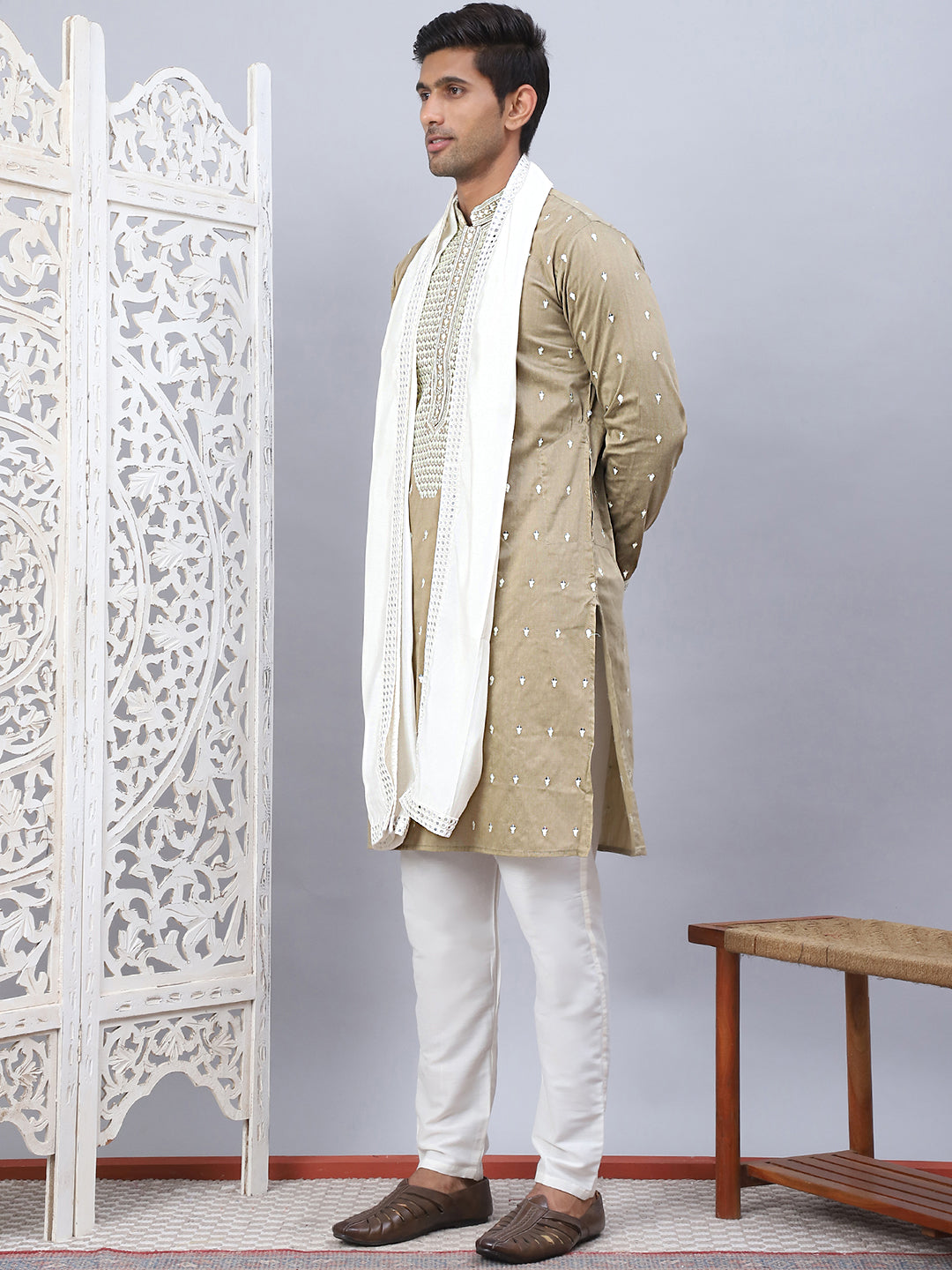 Sequins Embroidered Kurta Pyjama With Dupatta Set.