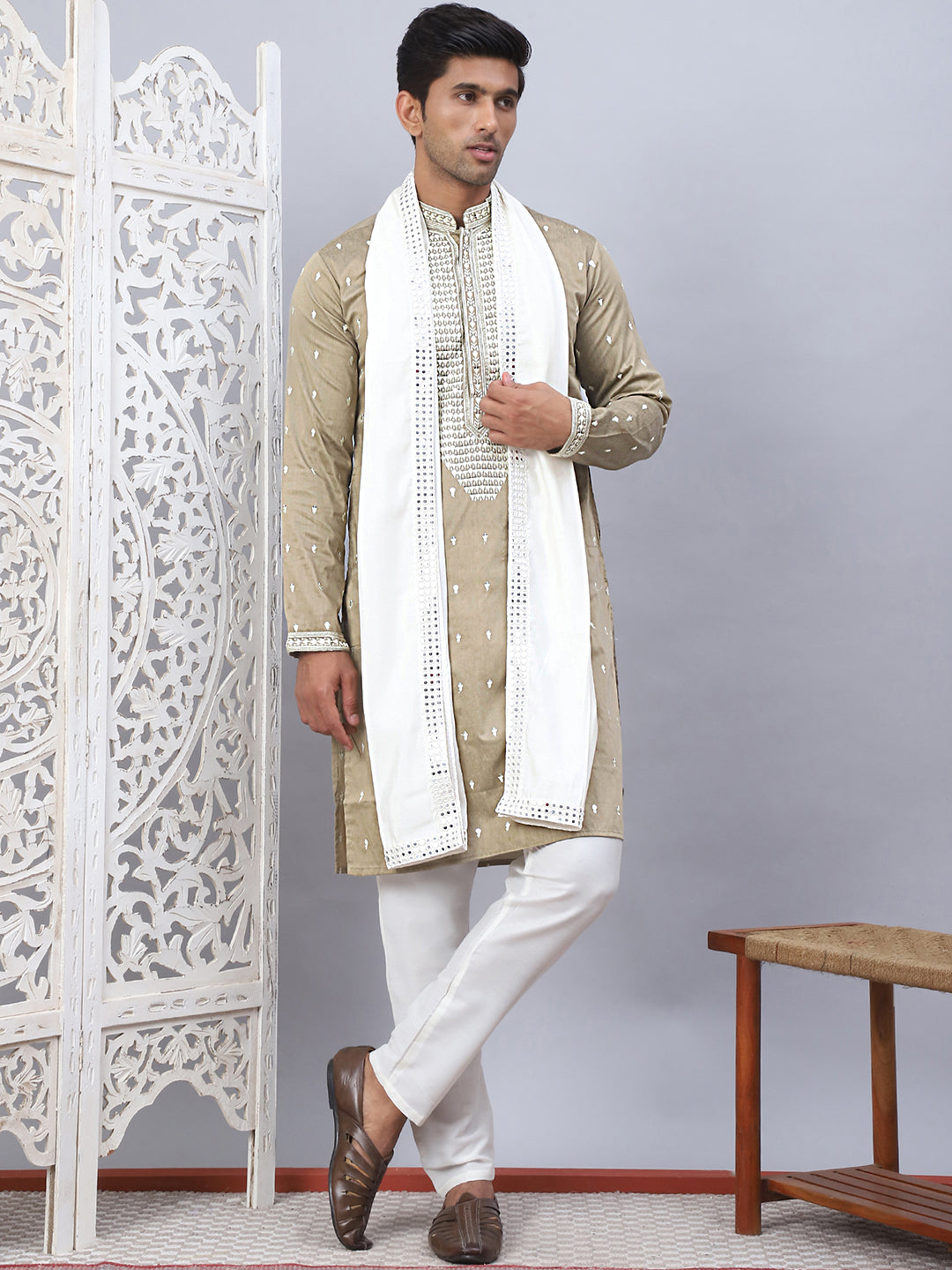 Sequins Embroidered Kurta Pyjama With Dupatta Set.