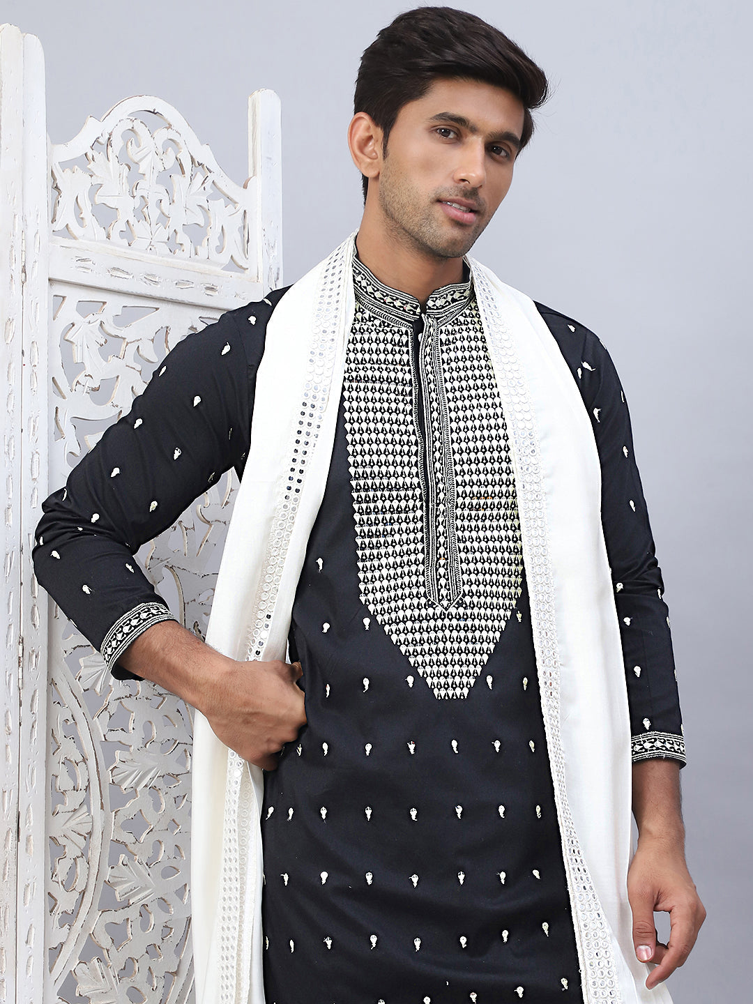 Sequins Embroidered Kurta Pyjama With Dupatta Set.