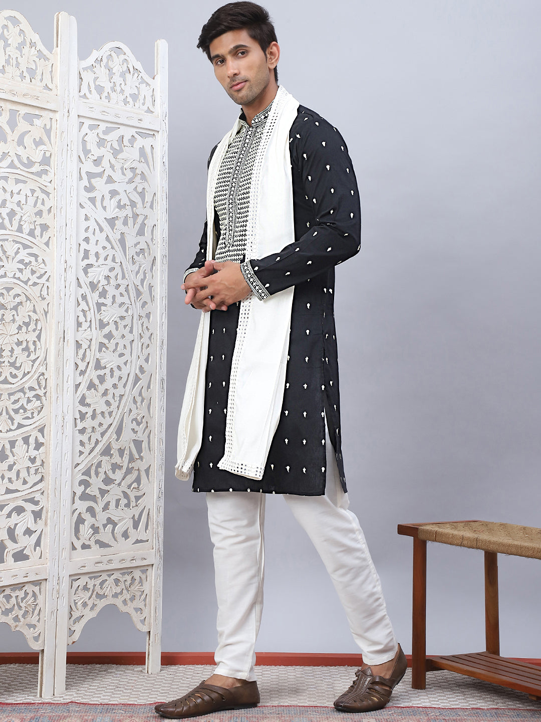 Sequins Embroidered Kurta Pyjama With Dupatta Set.