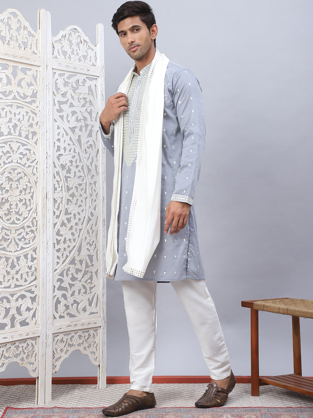 Sequins Embroidered Kurta Pyjama With Dupatta Set.