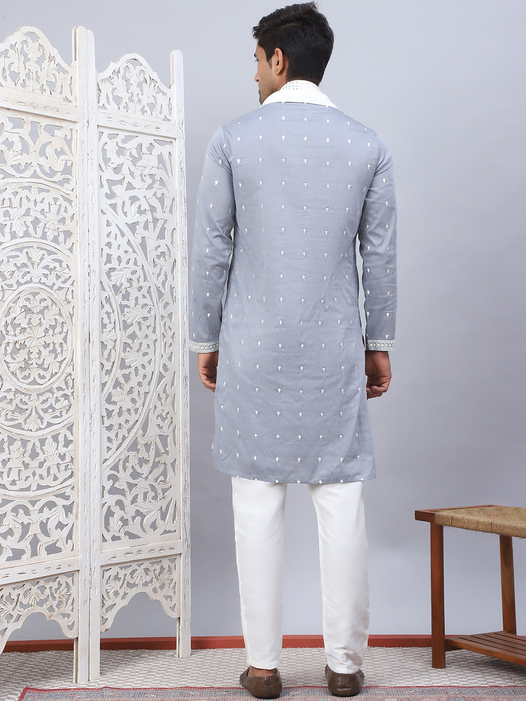 Sequins Embroidered Kurta Pyjama With Dupatta Set.