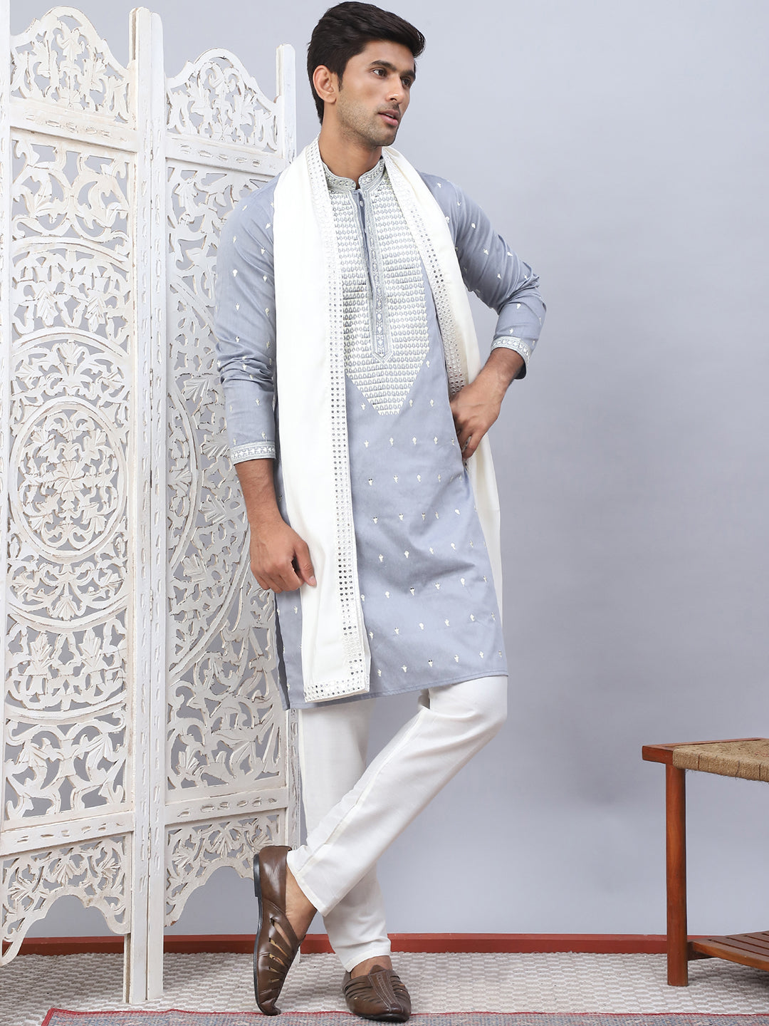 Sequins Embroidered Kurta Pyjama With Dupatta Set.