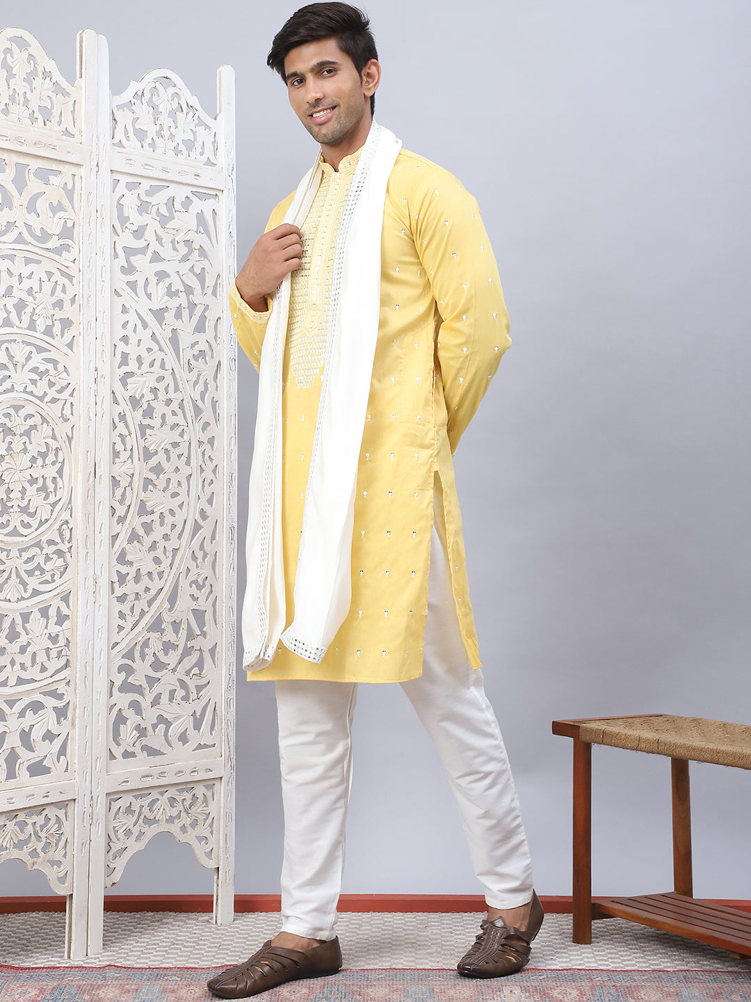 Sequins Embroidered Kurta Pyjama With Dupatta Set.