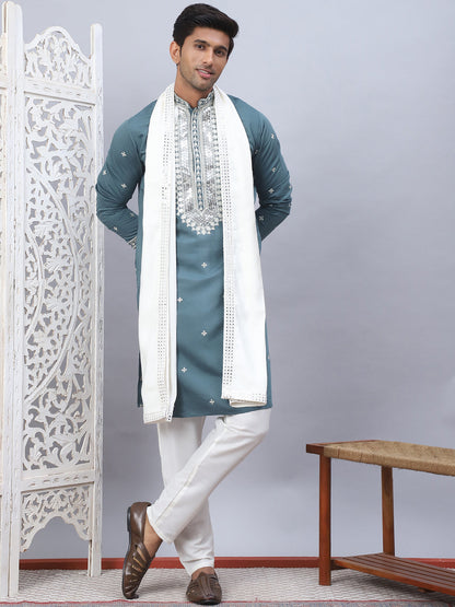 Men'S Sequins Embroidered Kurta Pyjama With Dupatta.