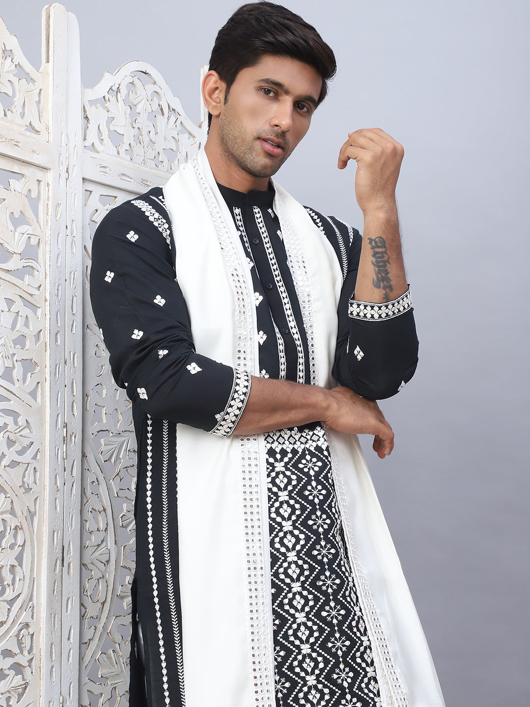 Embroidered &amp; Sequin Cotton Blend Kurta Pyjama With Dupatta Sets