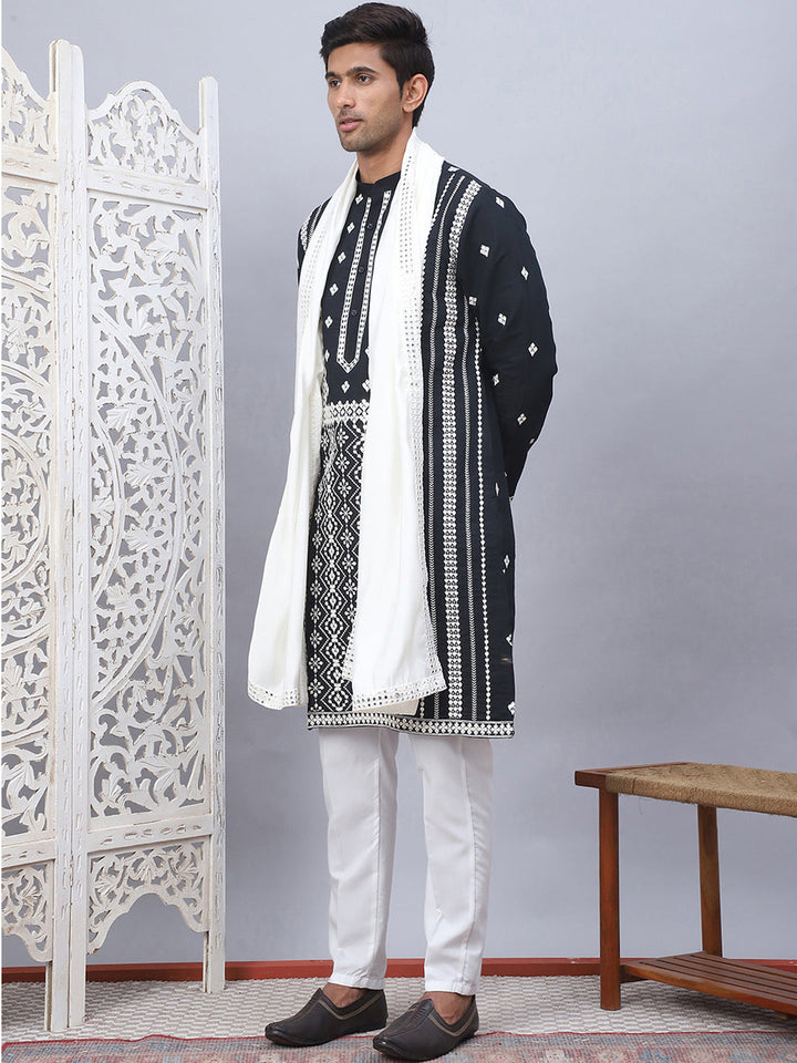 Embroidered &amp; Sequin Cotton Blend Kurta Pyjama With Dupatta Sets