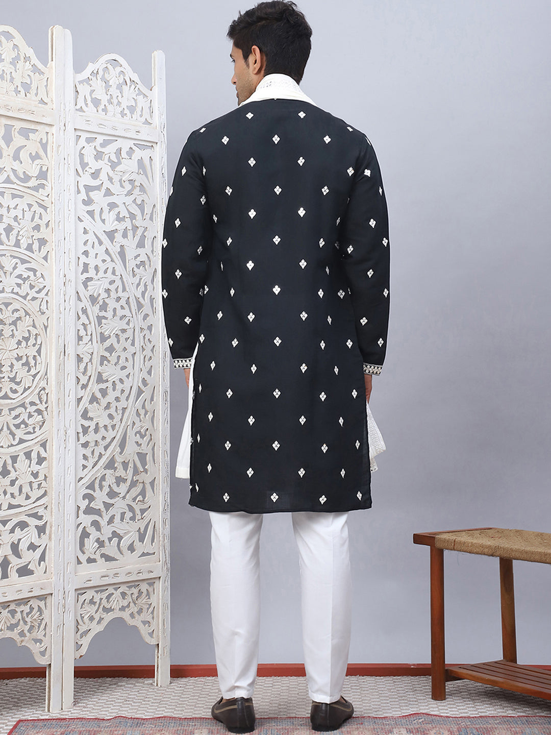 Embroidered &amp; Sequin Cotton Blend Kurta Pyjama With Dupatta Sets