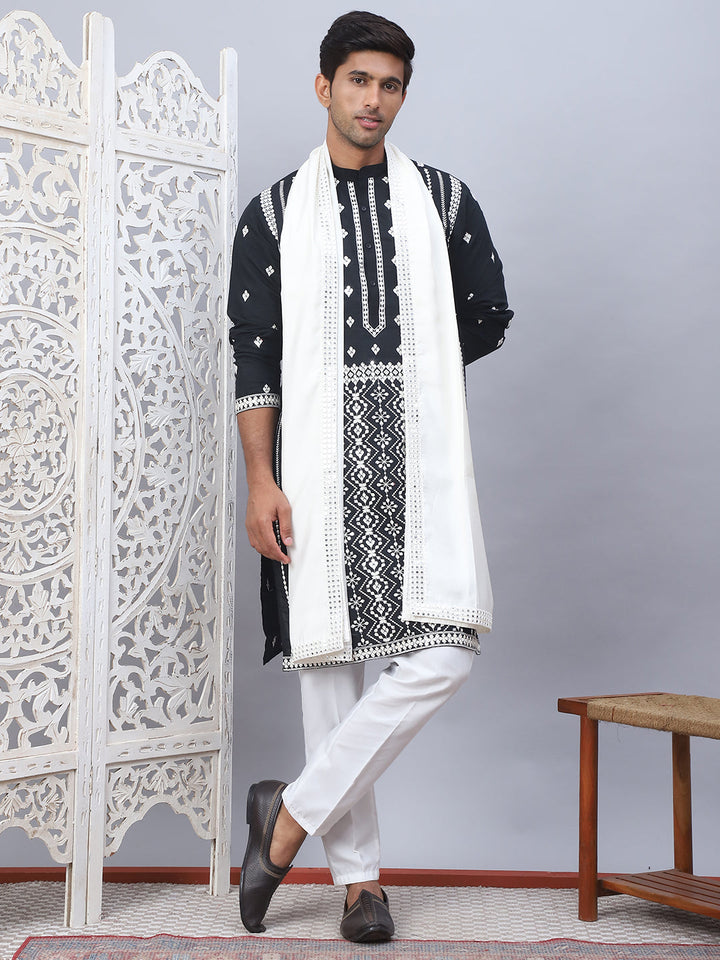 Embroidered &amp; Sequin Cotton Blend Kurta Pyjama With Dupatta Sets