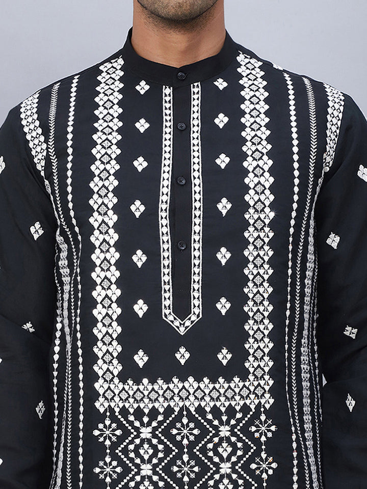 Embroidered &amp; Sequin Cotton Blend Kurta Pyjama With Dupatta Sets