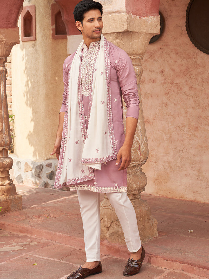 Embroidered Silk Blend Kurta Pyjama And Dupatta Set For Men