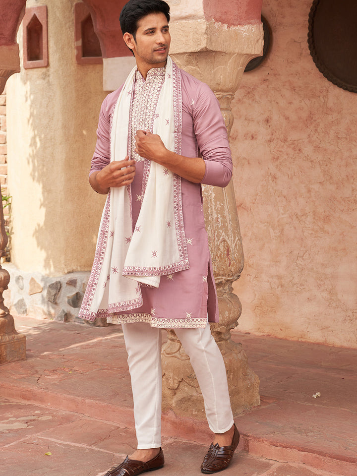 Embroidered Silk Blend Kurta Pyjama And Dupatta Set For Men